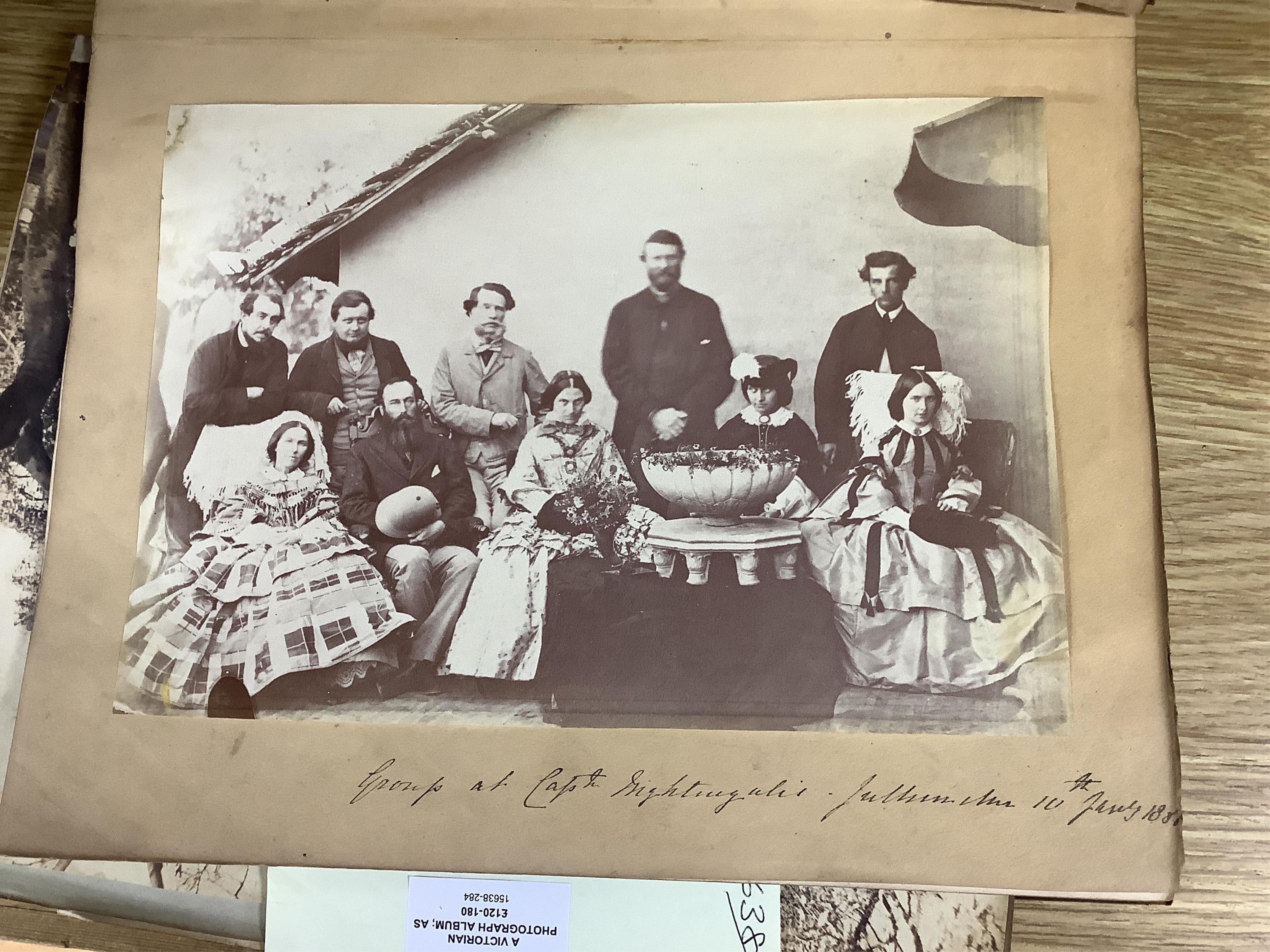 A Victorian photograph album; assorted portraits (many named) and views of India, many dated c.1860's. Condition - album spine torn, contents fair